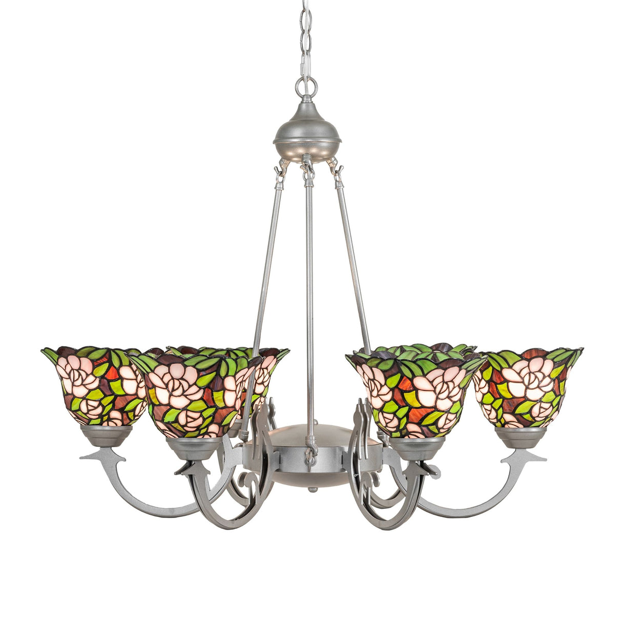 Angled side view of Begonia chandelier showing layered stained-glass flowers.