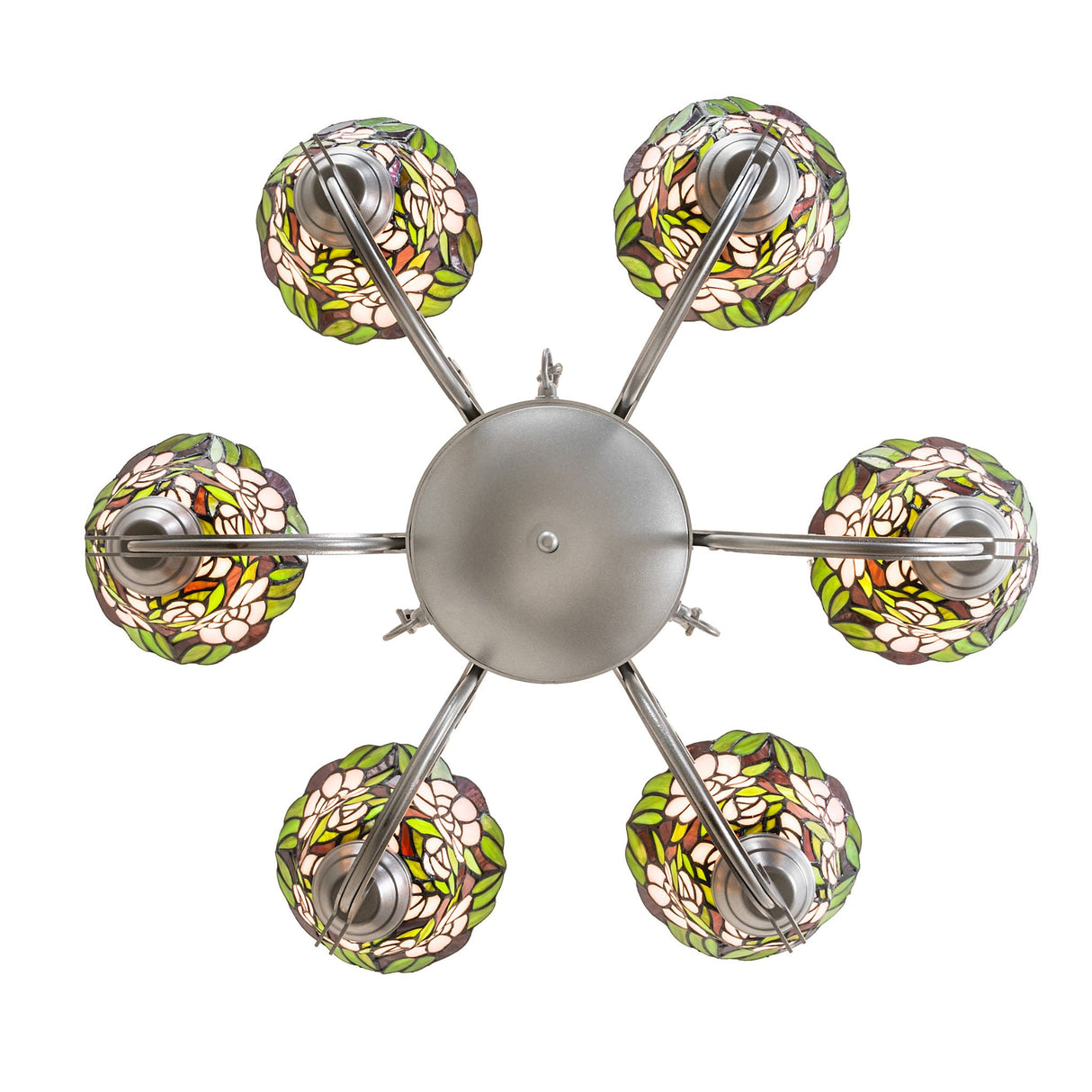 Bottom view of chandelier displaying circular layout of stained glass floral shades.