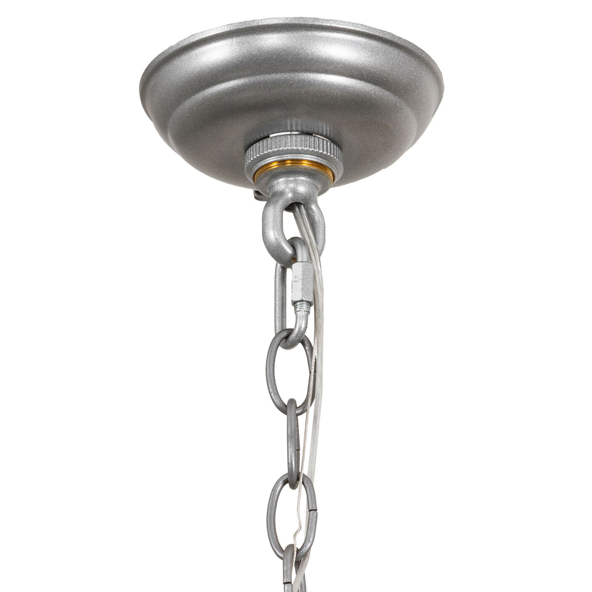 Close-up of ceiling canopy and hanging chain finished in light sandstone.