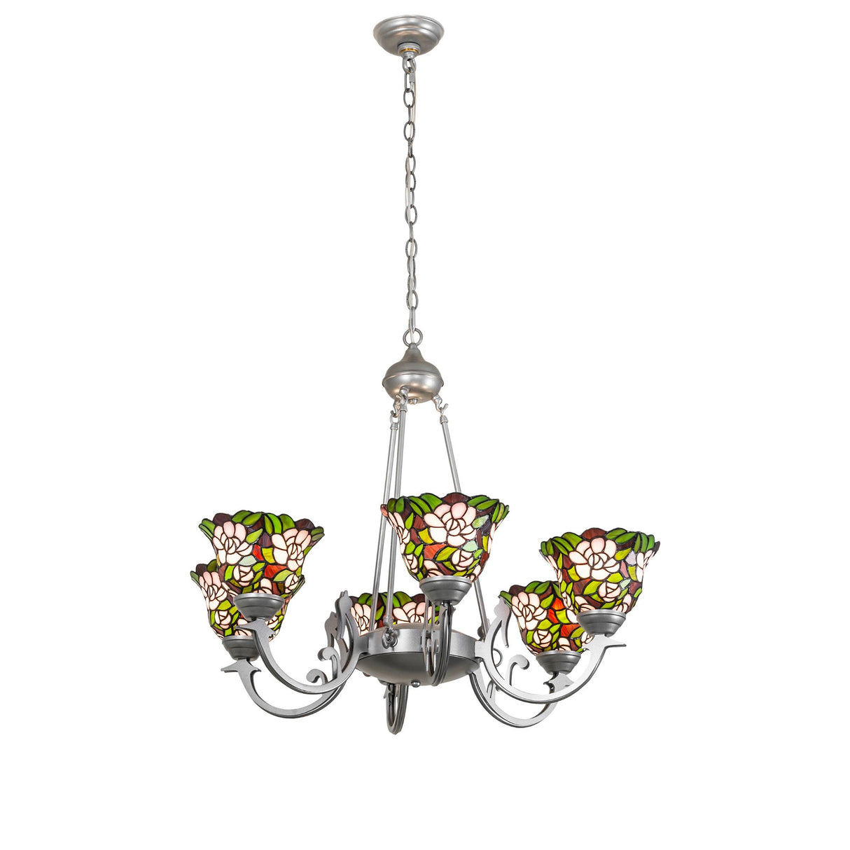 Full view of chandelier with blush pink stained-glass shades and light sandstone metal frame.