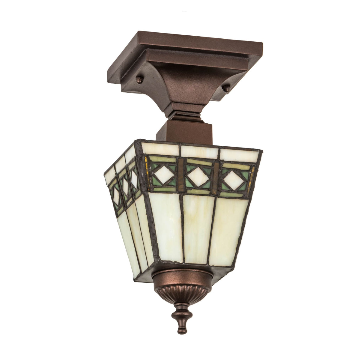 Angled view of the beige Diamond Band Mission Flushmount showcasing intricate patterns.