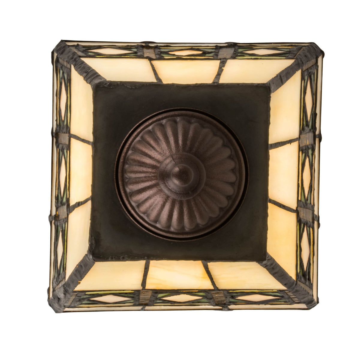 Bottom view of the Diamond Band Mission Flushmount showcasing its bronze hardware design.