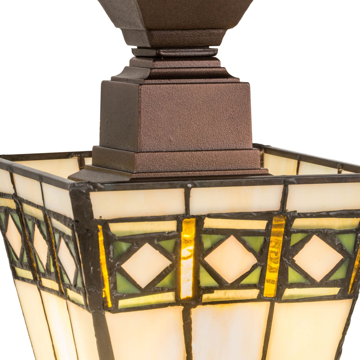 Close-up of the hardware and stained glass details of the flushmount.