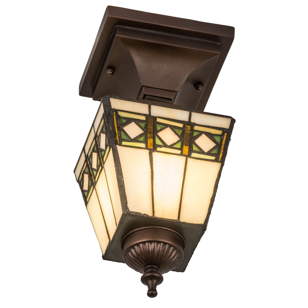 Lighted view of the Diamond Band Mission Flushmount emitting a warm glow.