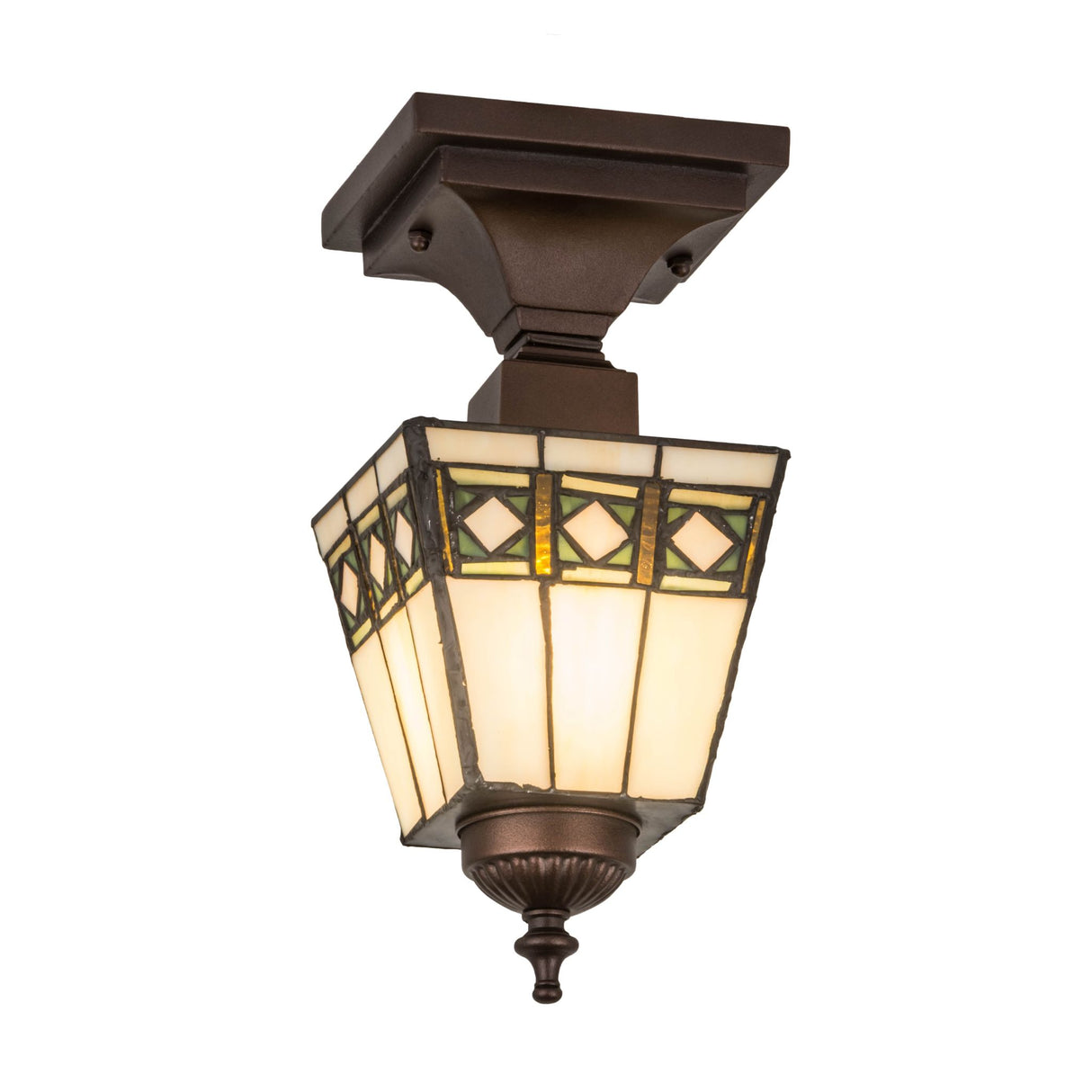 Front view of the beige Diamond Band Mission Flushmount with geometric stained glass.