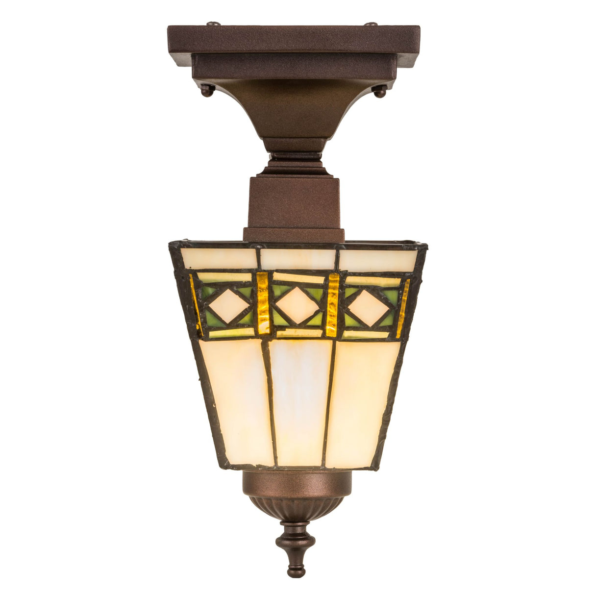 Side view of the Mission Flushmount highlighting its amber and jade accents.