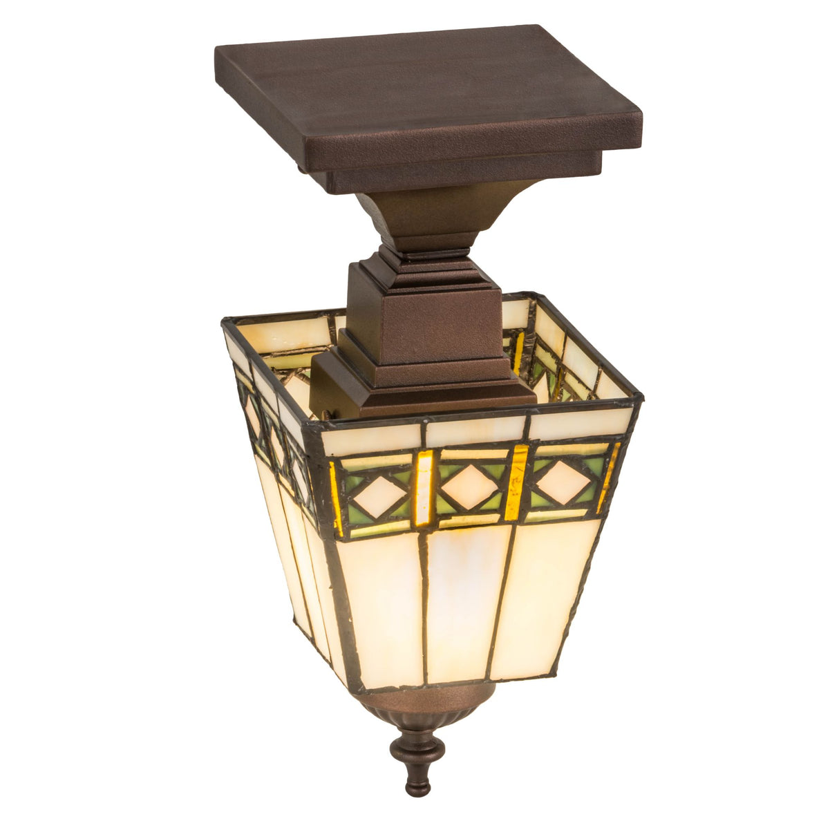 Top view of the flushmount featuring a stained glass design in a square frame.