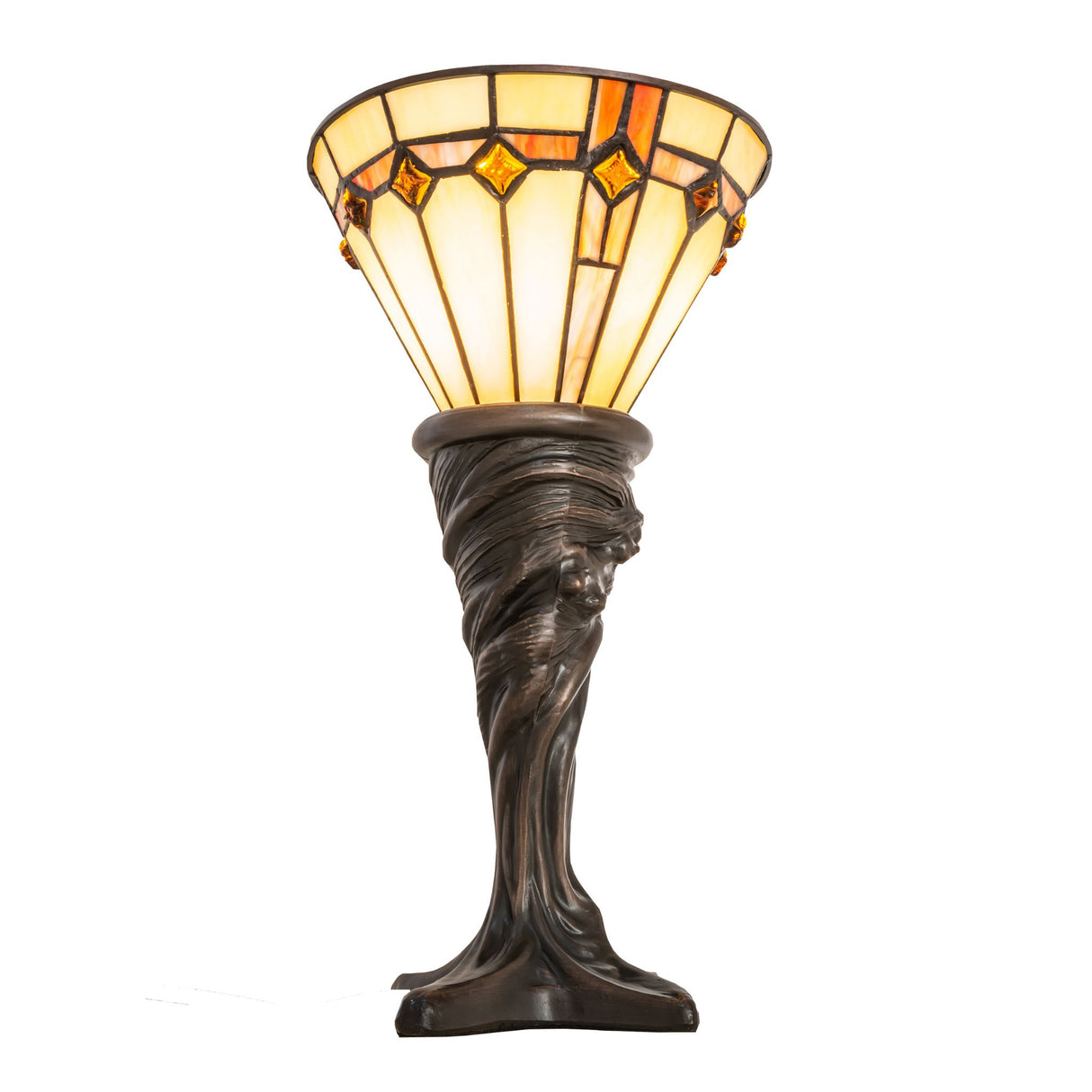 Illuminated side view of the 15" High Belvidere Mini Lamp showcasing warm beige and amber tones.