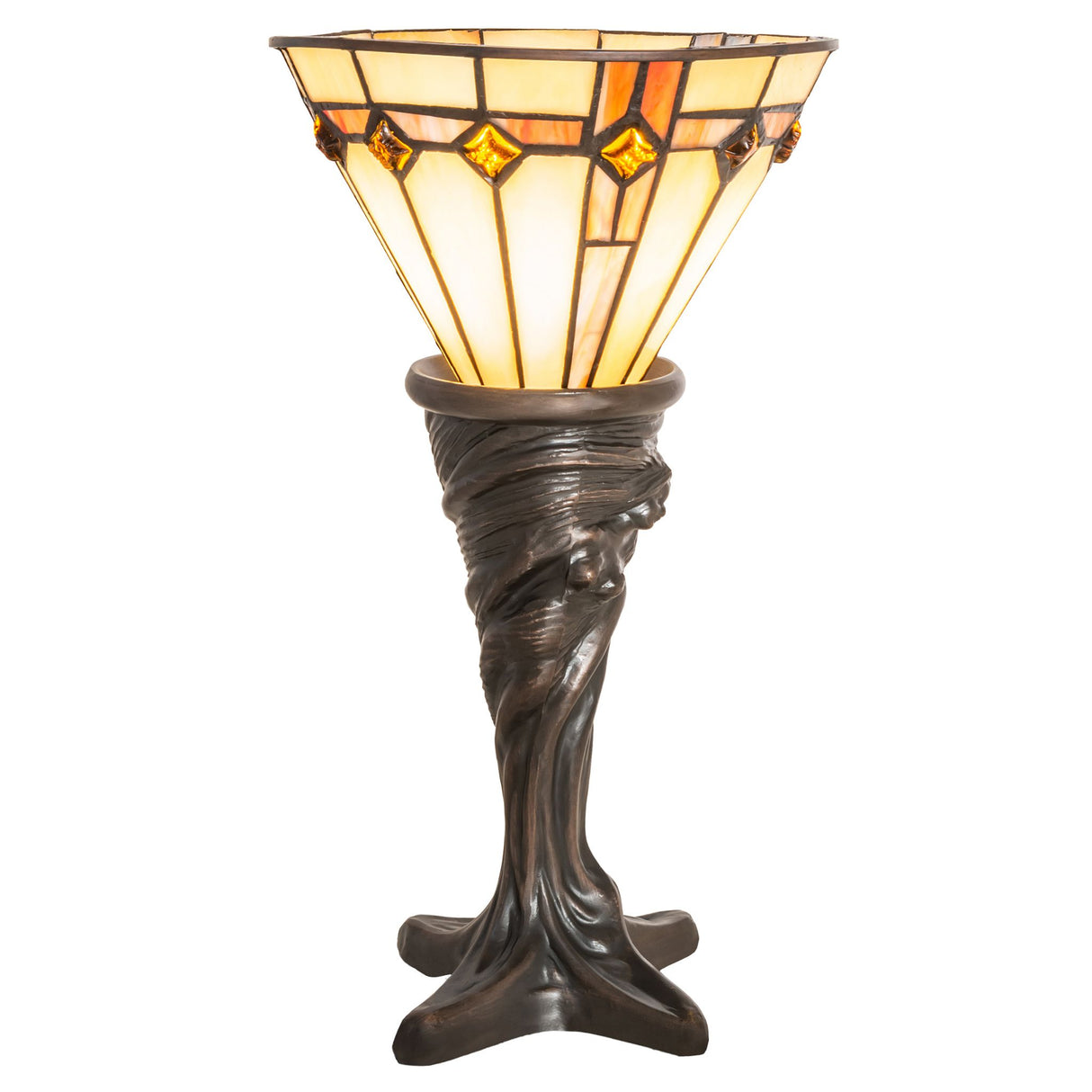 Close-up of the Belvidere Mini Lamp featuring an inverted beige glass shade with amber jewels.