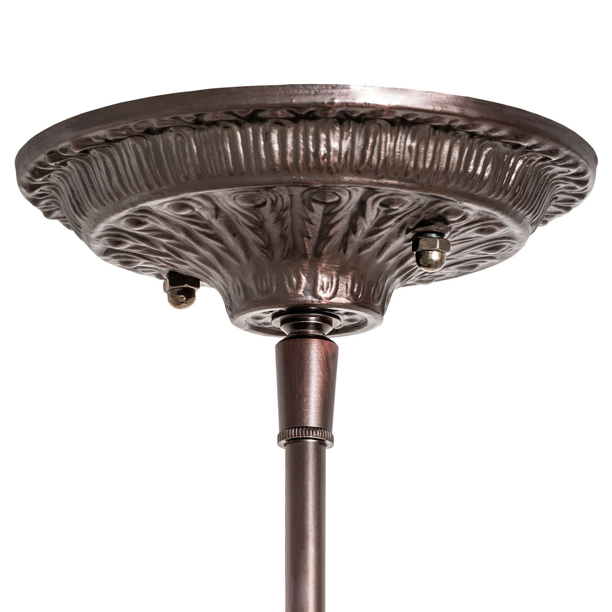 Detailed closeup of the ceiling mount in Mahogany Bronze finish.