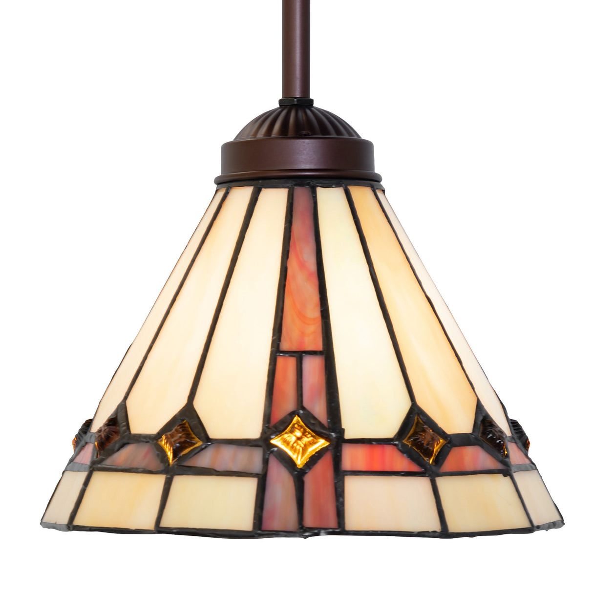 Close-up front view of the Belvidere Mini Pendant showcasing its stained glass design and amber jewel accents.