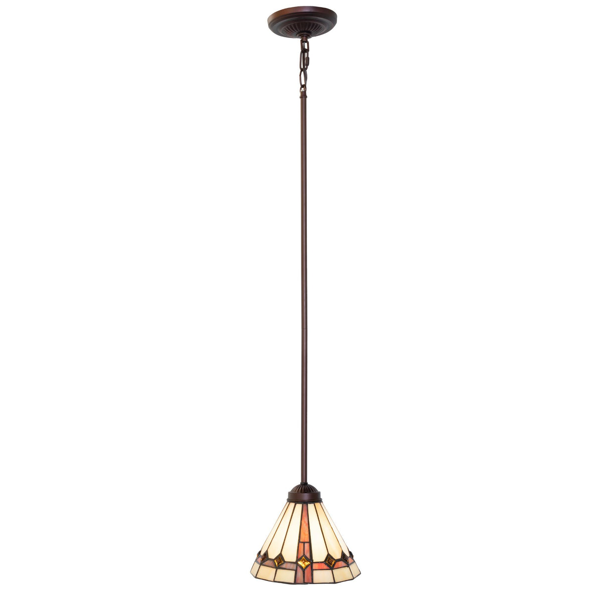 Full view of the Belvidere Mini Pendant hanging from the ceiling with adjustable rod.