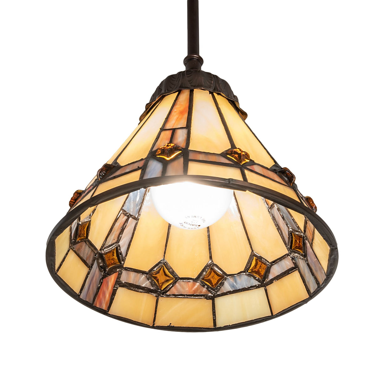 Closeup of the illuminated Belvidere Mini Pendant showcasing intricate stained glass details.