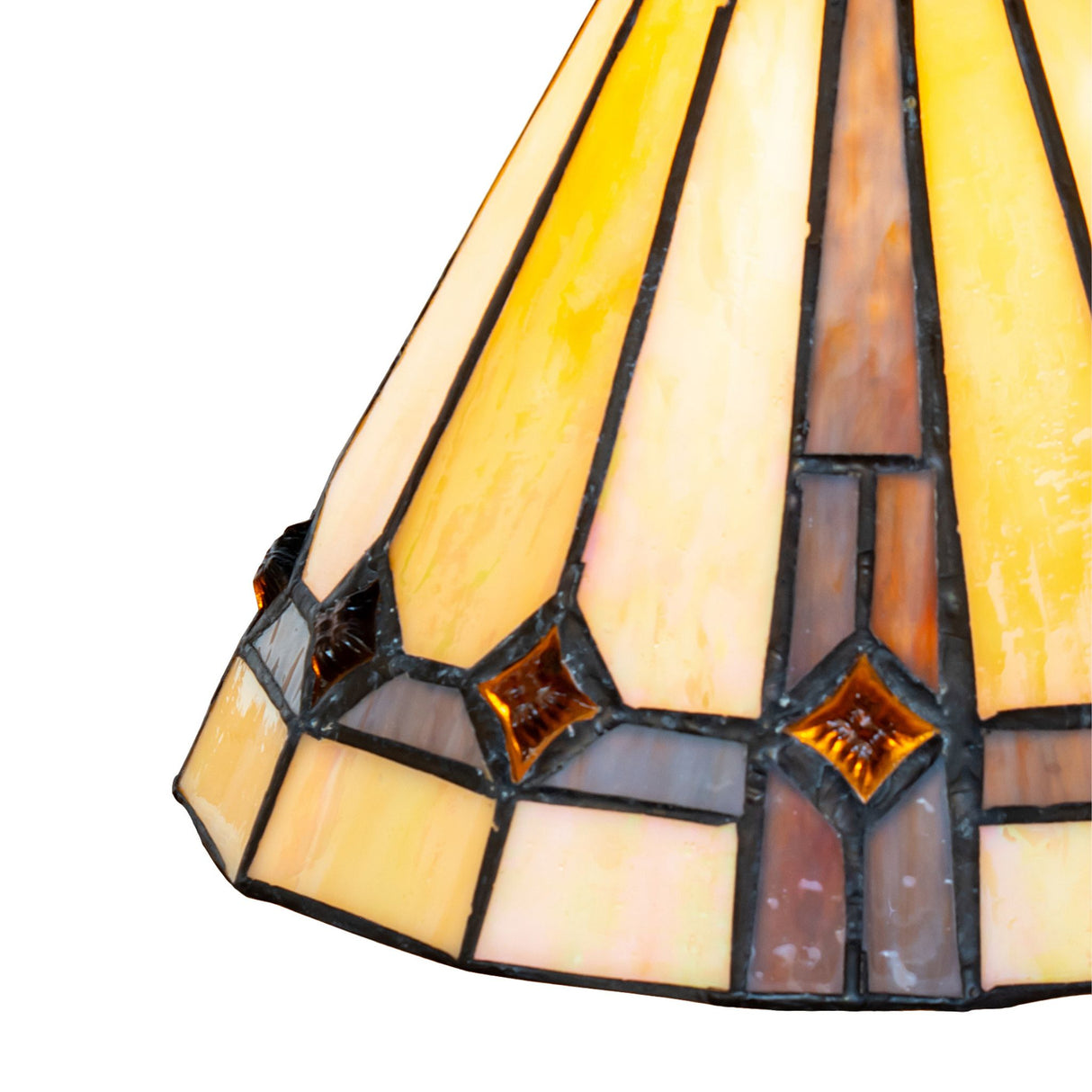Closeup detail of the Belvidere shade showcasing the copperfoil craftsmanship and amber jewels.