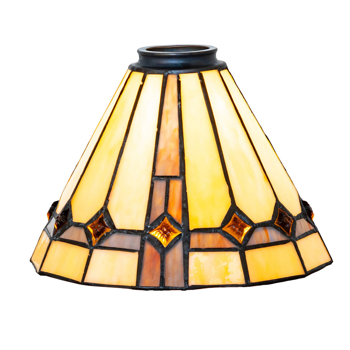 Illuminated view of the Belvidere shade emitting a warm glow through the iridescent glass.