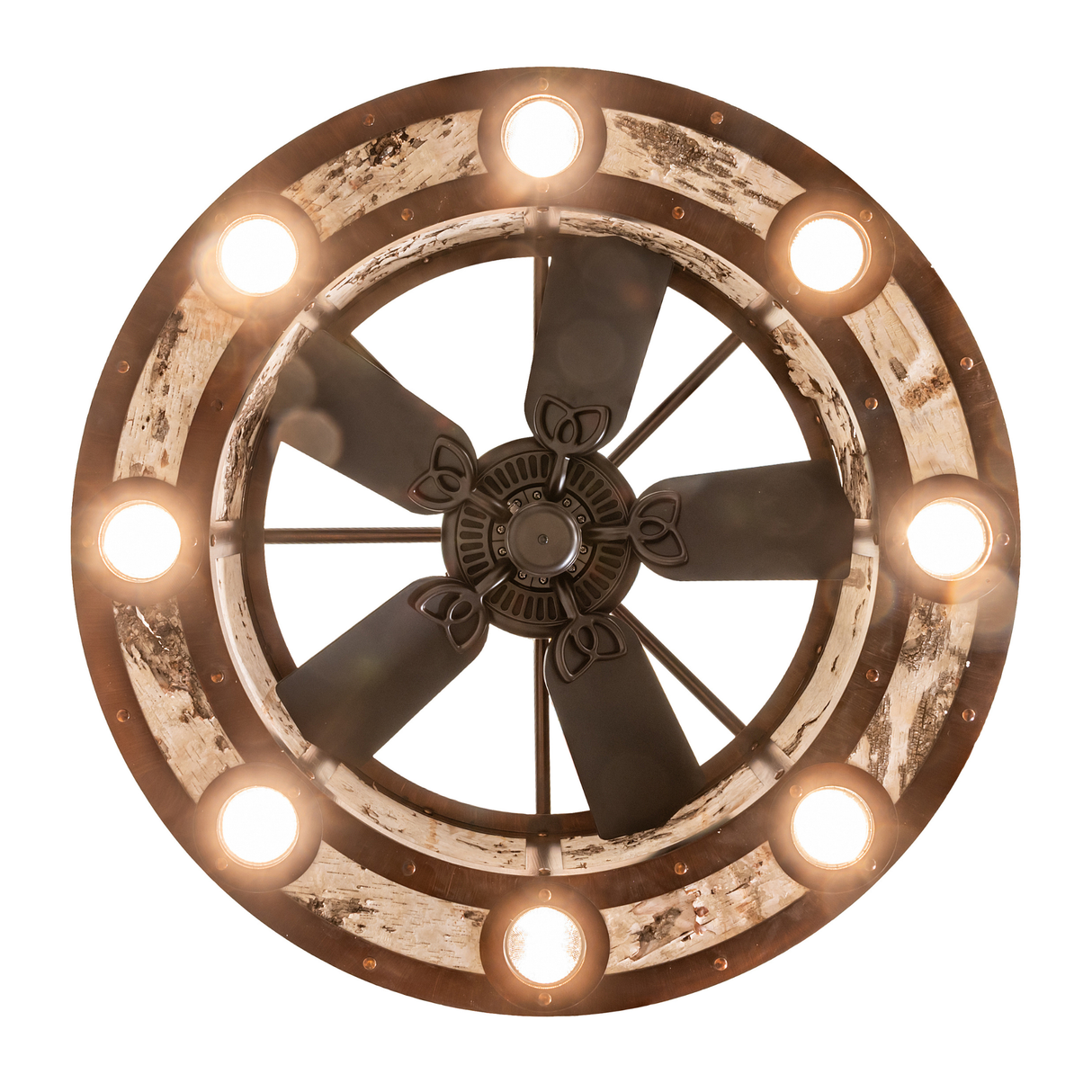 Bottom perspective showing fan blades surrounded by ring of soft LED lights.