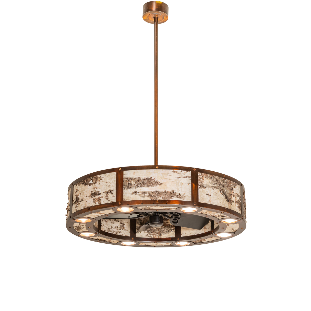 Lit view of Birchwood Chandel-Air showcasing rustic birchwood panels and warm glow.