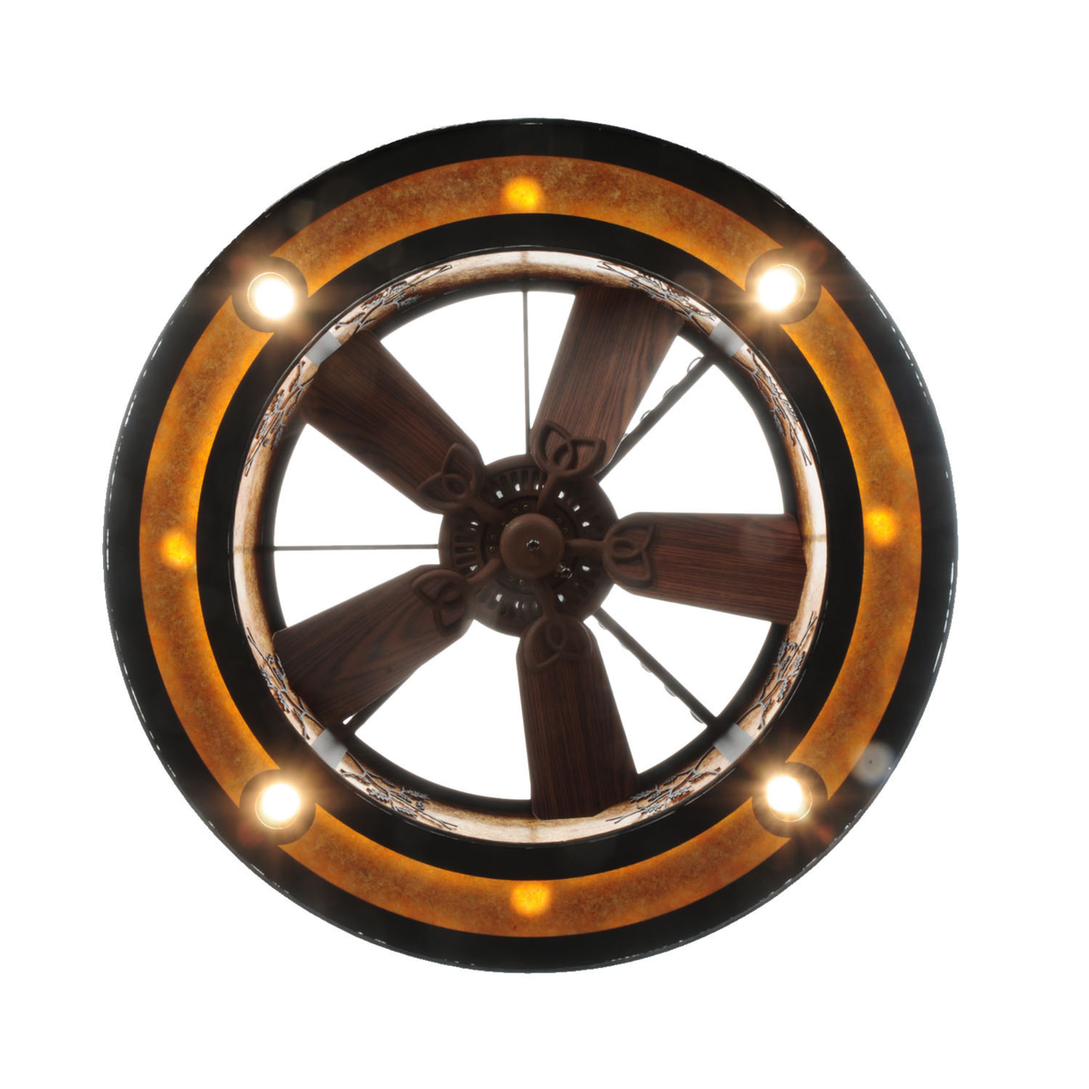 Bottom lit view of Chandel-Air revealing fan blades and illuminated mica ring.