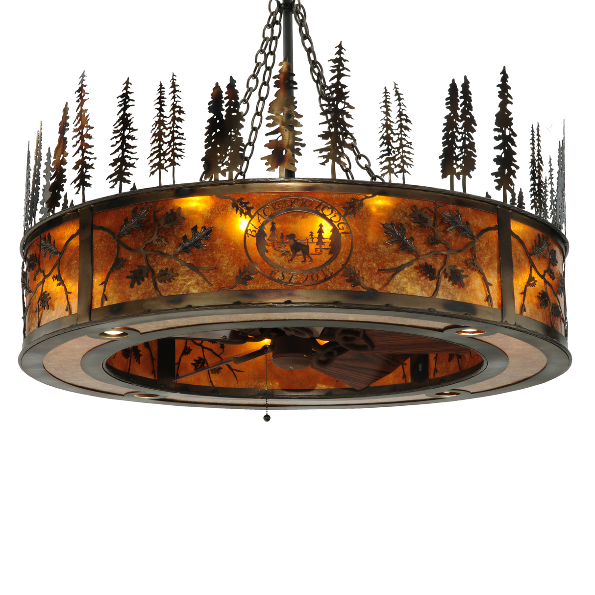 Front lit view of Black Dog Lodge Chandel-Air with glowing amber mica diffuser.
