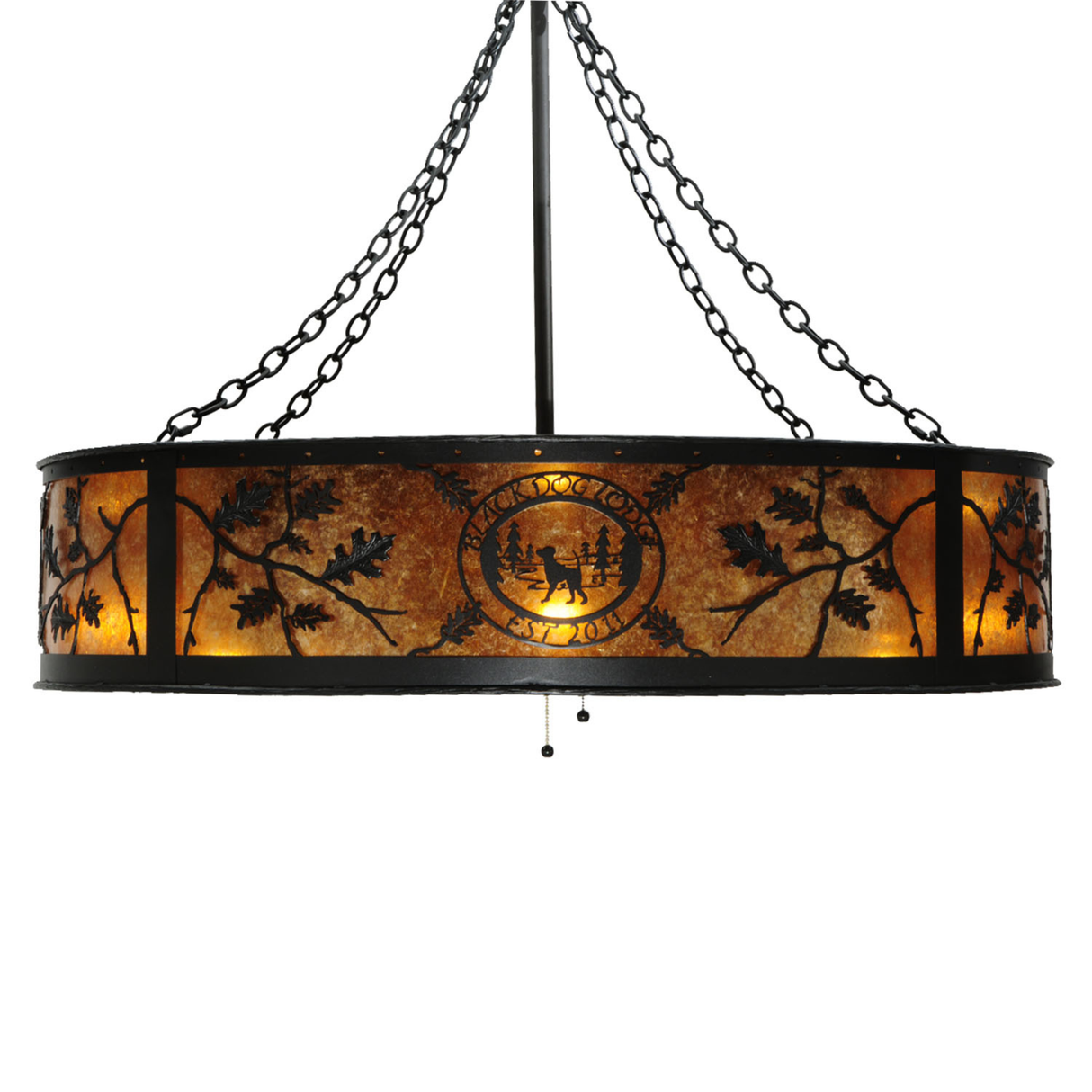 Straight side lit view of Black Dog Lodge Chandel-Air showing glowing amber mica panels.