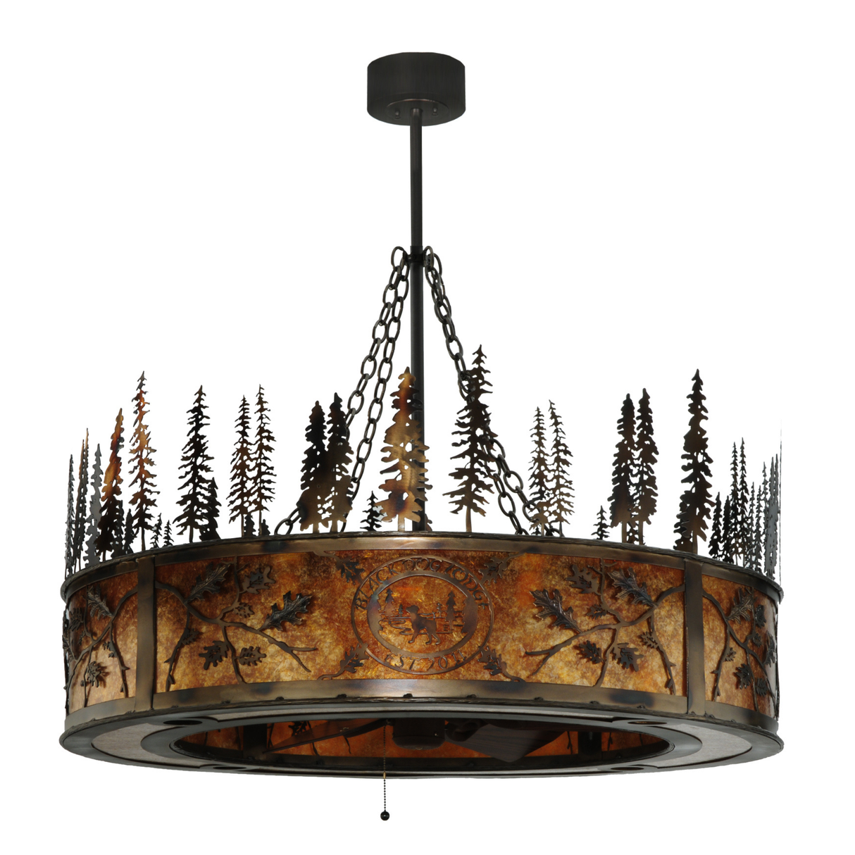 Unlit front view highlighting oak leaf and pine tree cutout design.