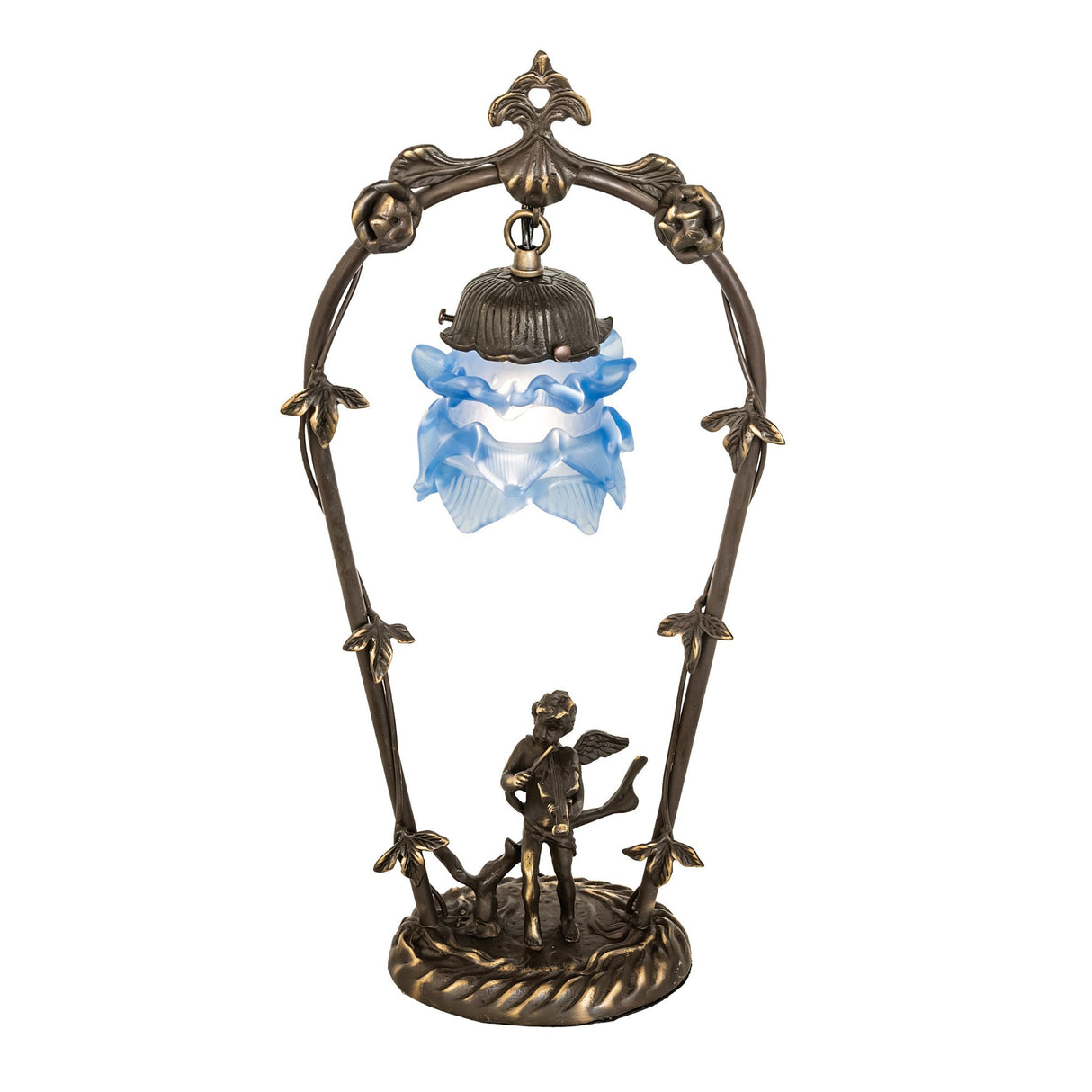 Elegant mini lamp featuring a blue ruffled glass shade and a cherub violinist base.