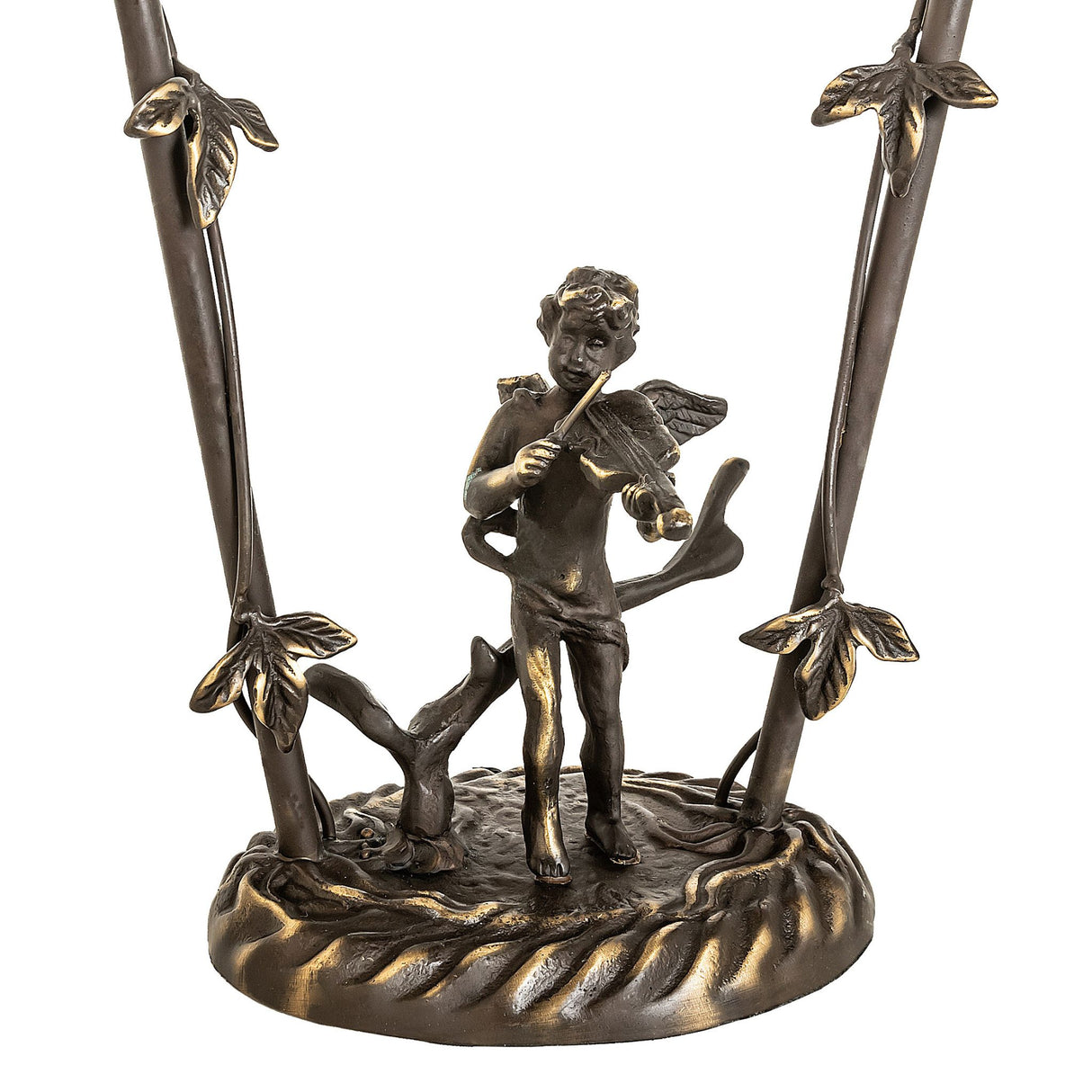 Close-up of the cherub violinist base, showing intricate cast bronze detailing.