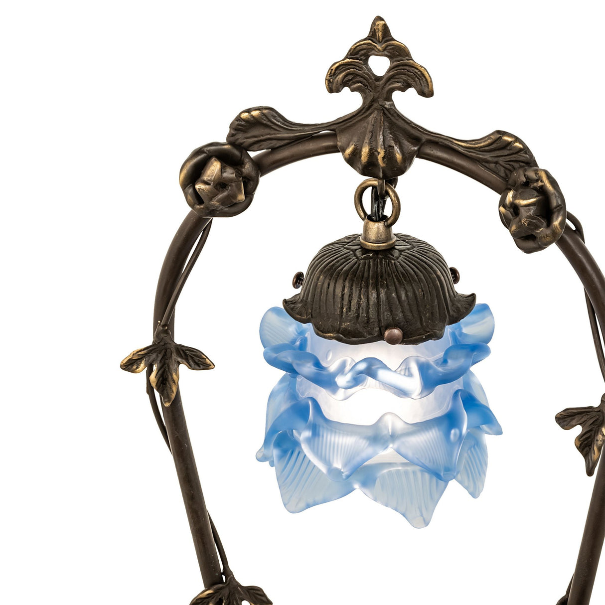 Close-up of the blue ruffled glass shade and decorative bronze fixture.