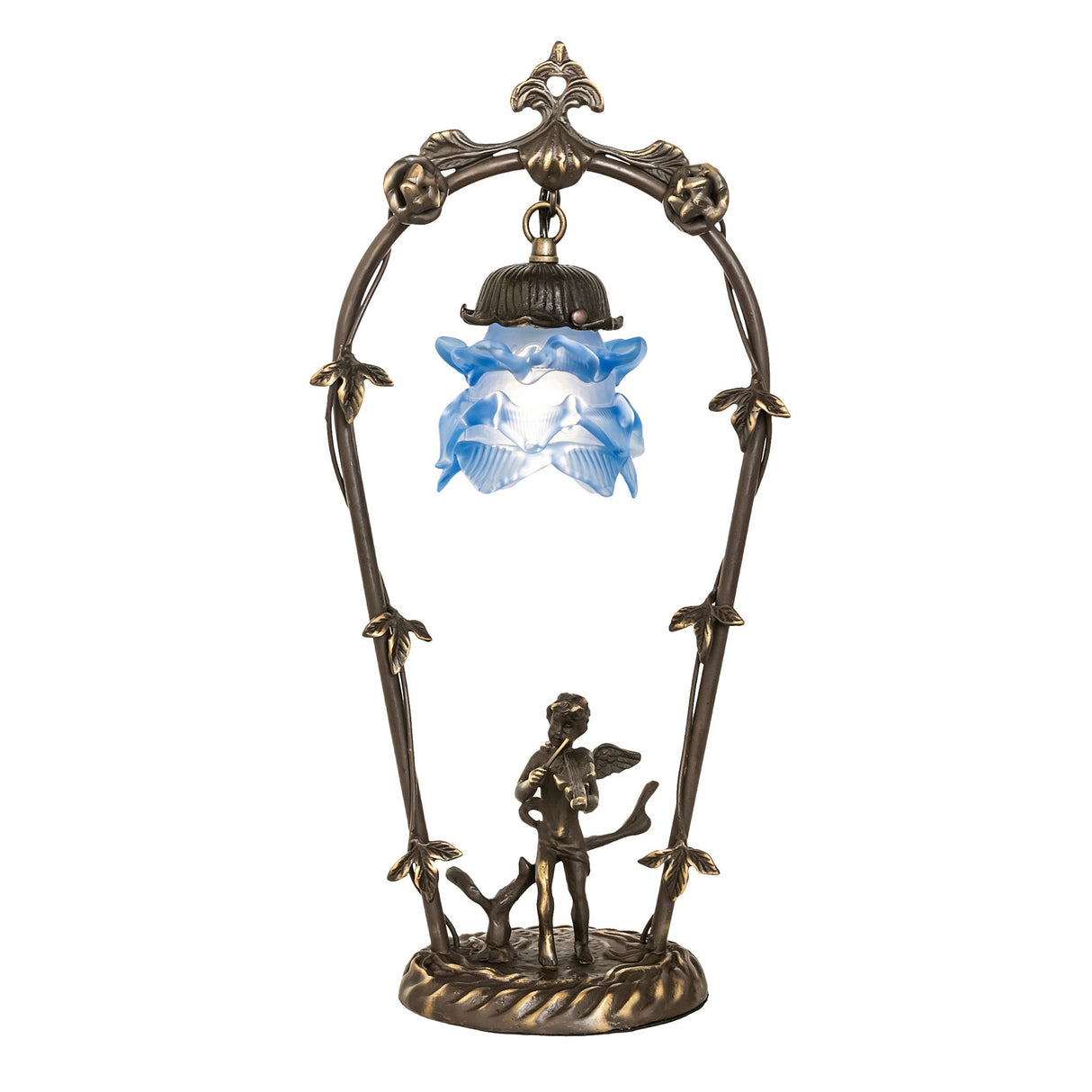 Front view of the Blue Cherub with Violin Mini Lamp, featuring an ornate cast bronze base.
