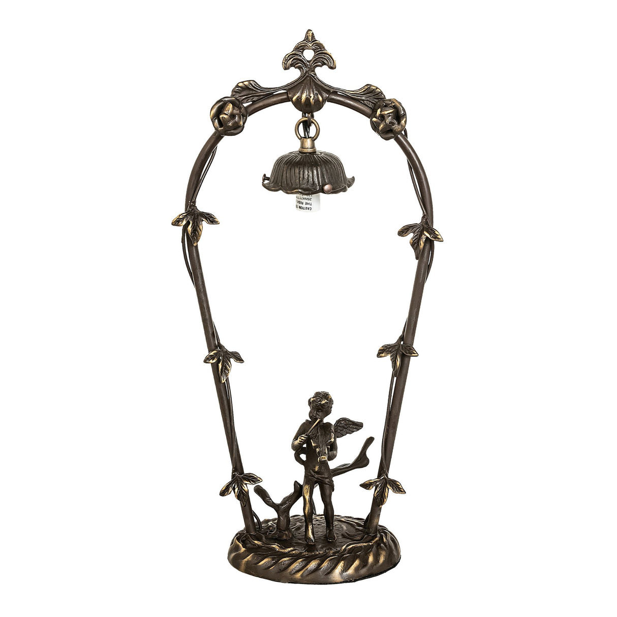 View of the lamp without the shade, revealing the decorative metal hardware and socket.