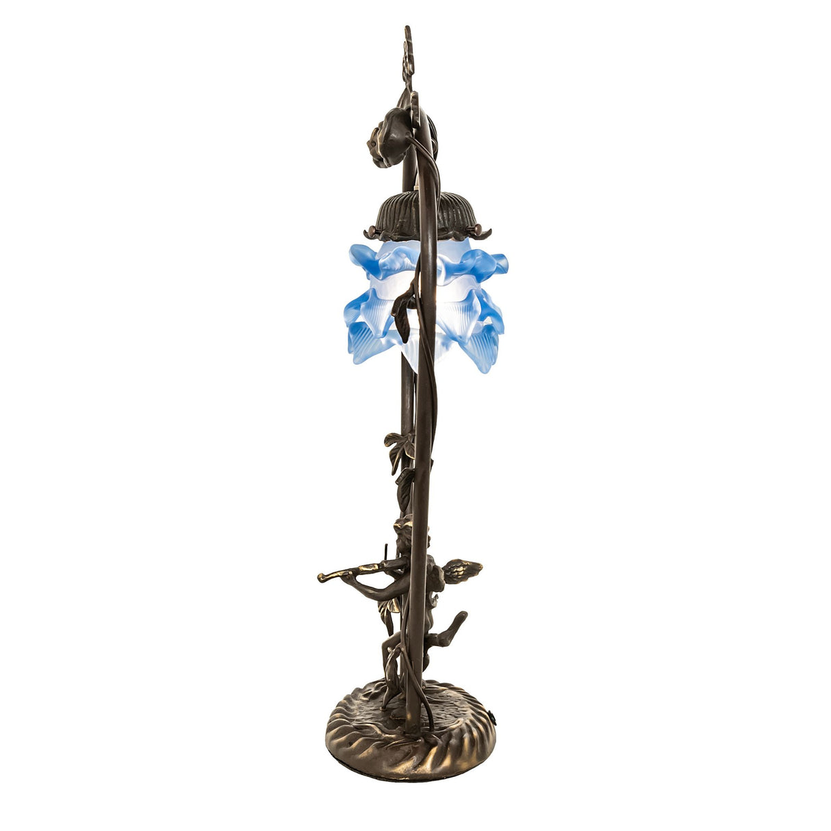 Side view of the cherub mini lamp displaying the trellis-style metal frame and delicate blue shade.