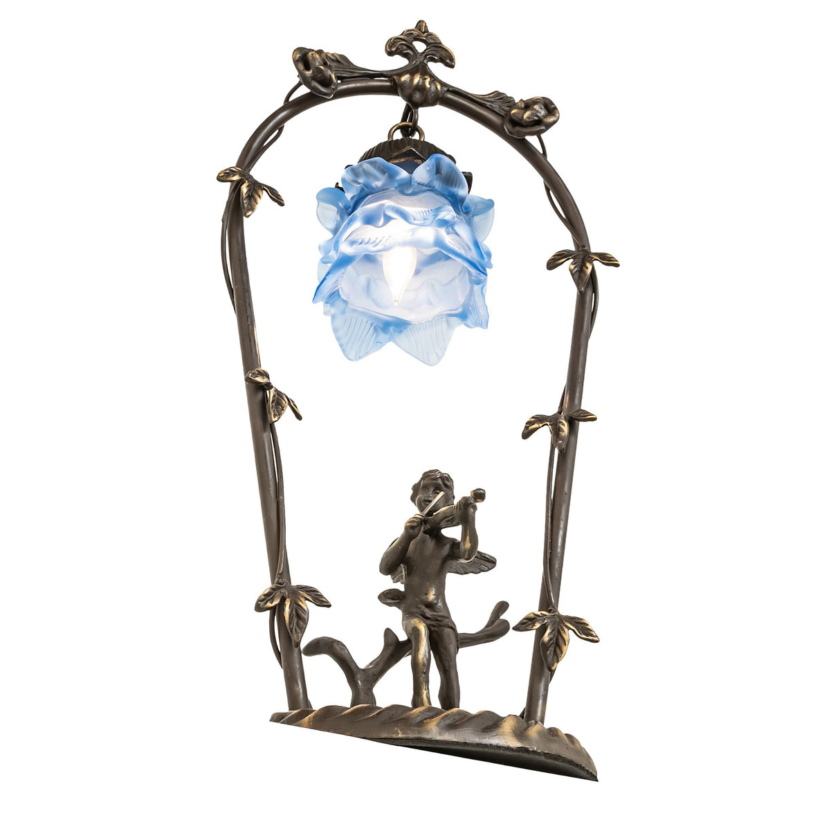 Slightly tilted view showcasing the lamp’s artistic cherub base and floral trellis design.