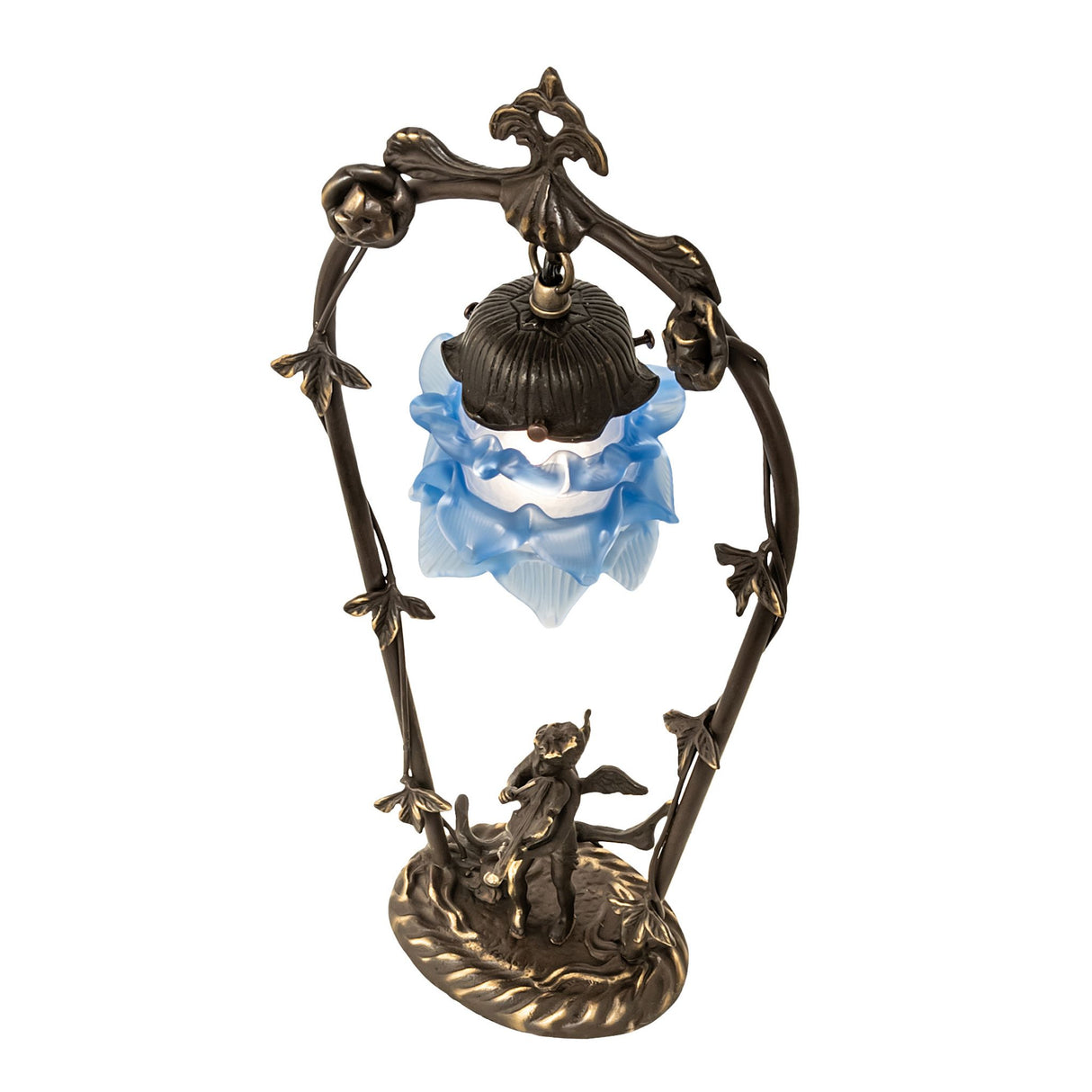 Top angle of the cherub mini lamp highlighting the ruffled glass shade and decorative frame.