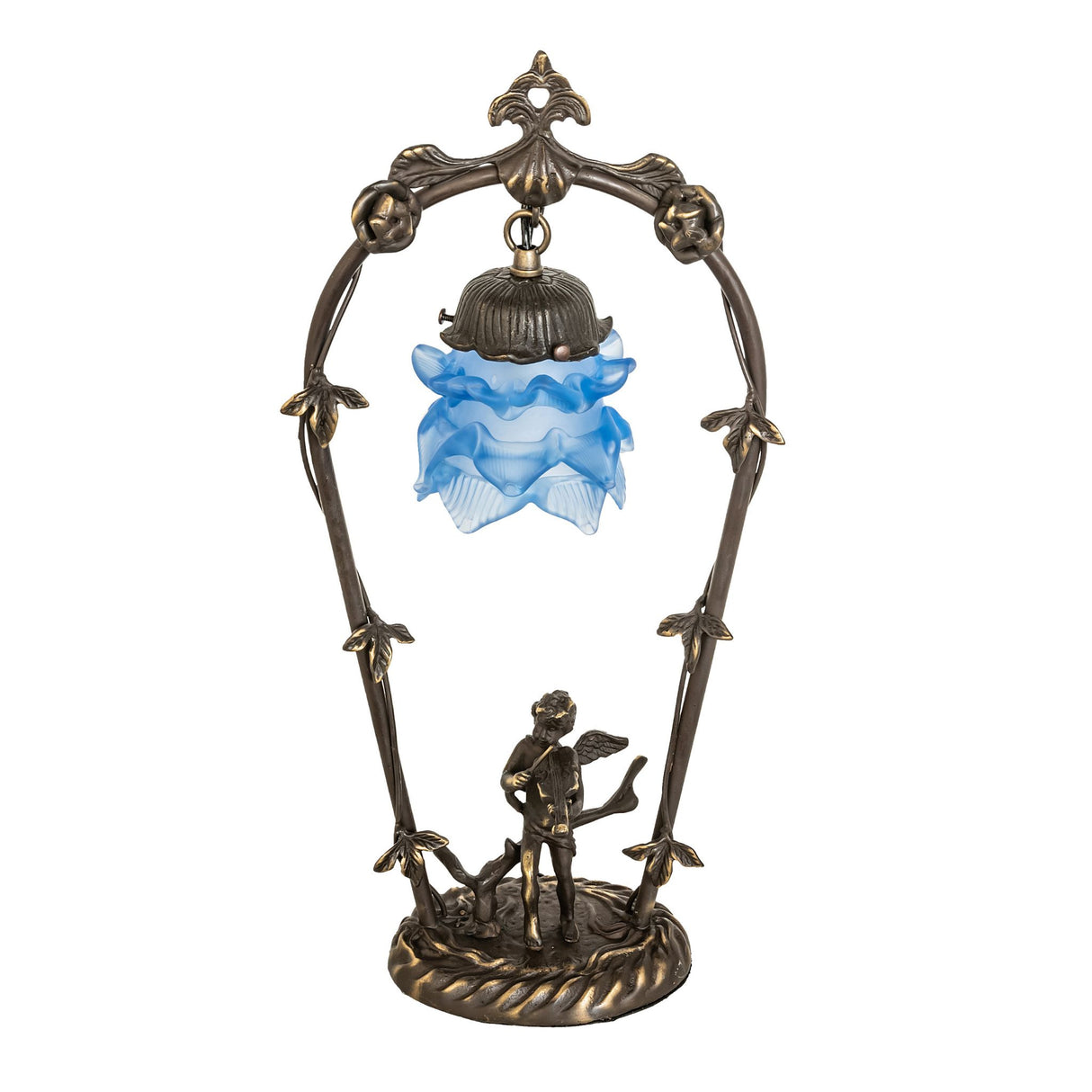 Unlit view of the Blue Cherub with Violin Mini Lamp showcasing its intricate details.