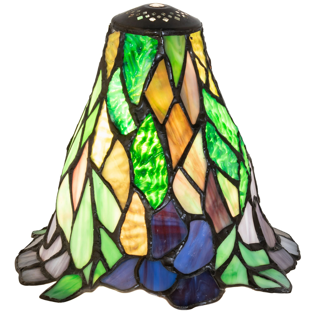 Front view of a blue, green, amber, and lavender waterlily shade.