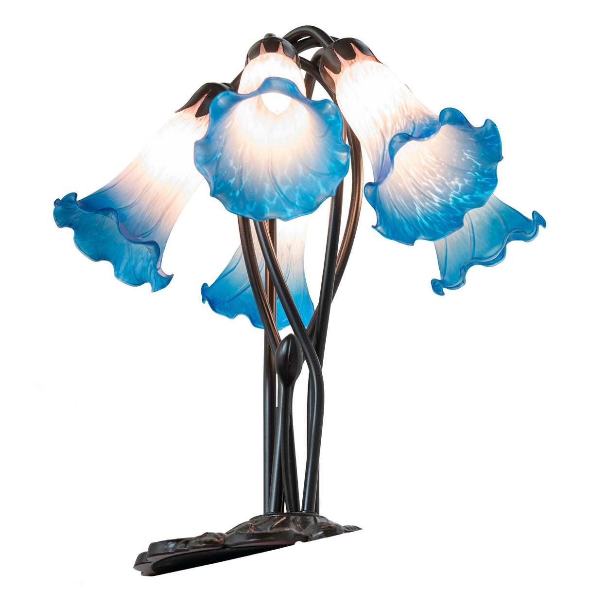 Close-up of blue and pink lily-shaped glass shades.