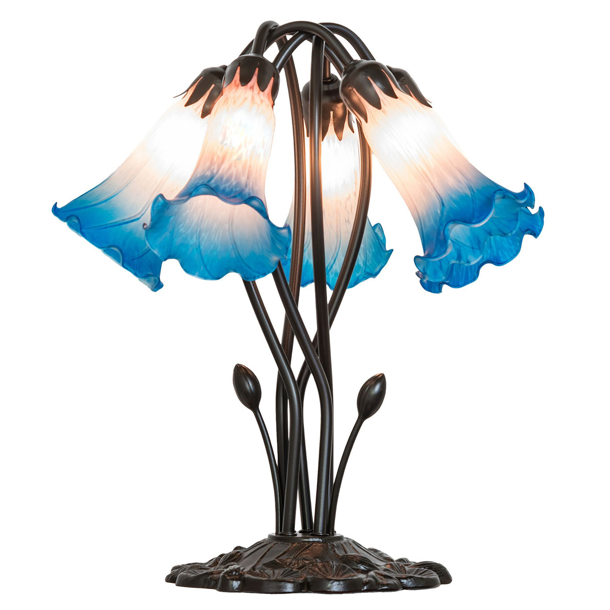 Detail of the curved lily glass shades and ornate base.