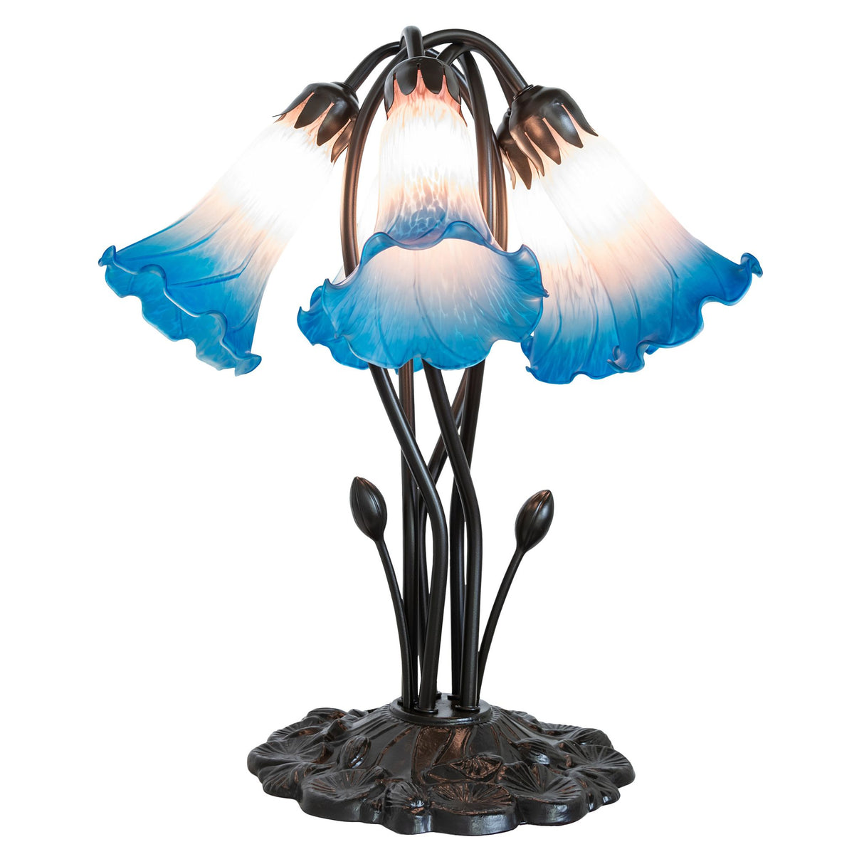 Full view of the blue/pink lily lamp with five lights and floral base.