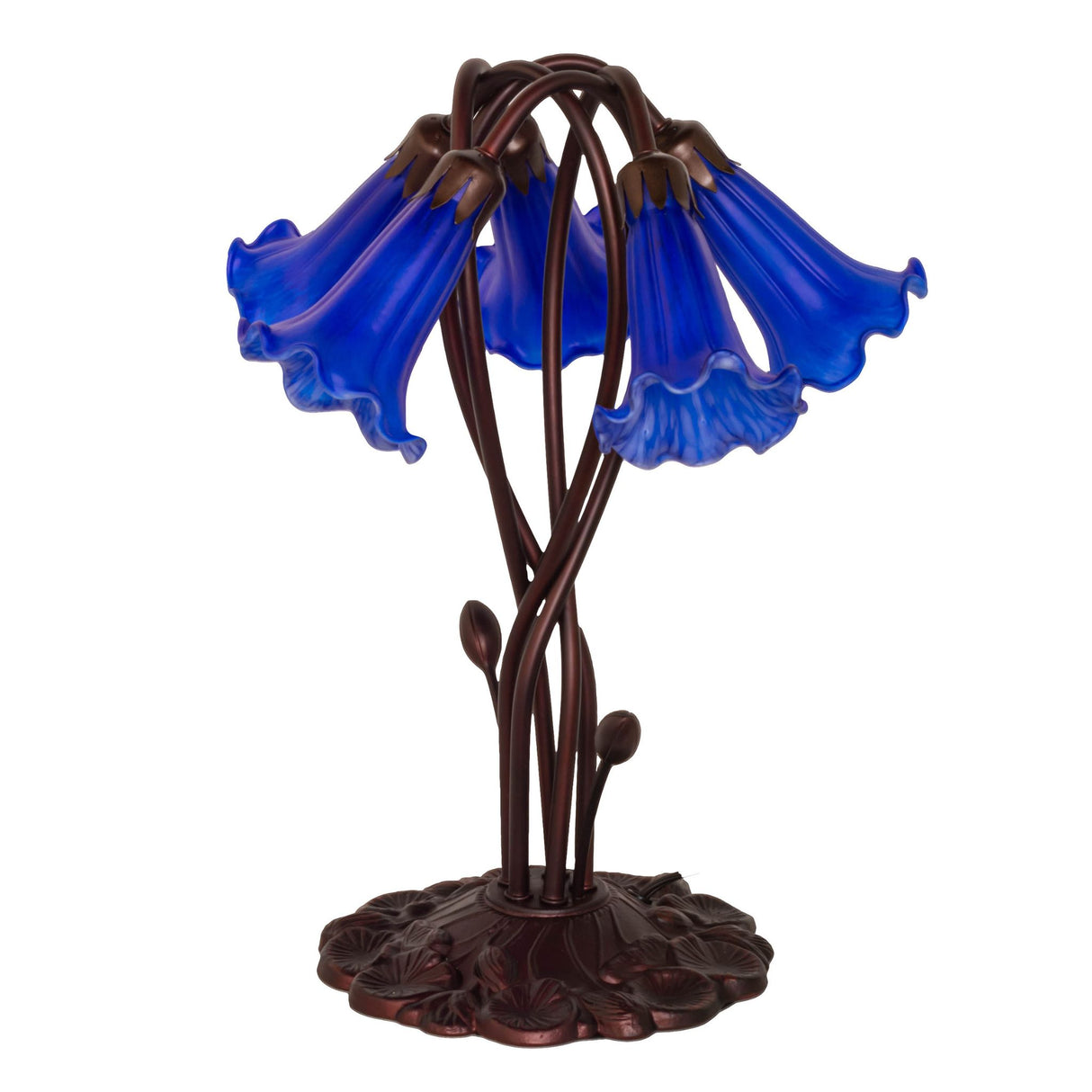 Blue pond lily lamp with detailed bronze base and unlit shades.