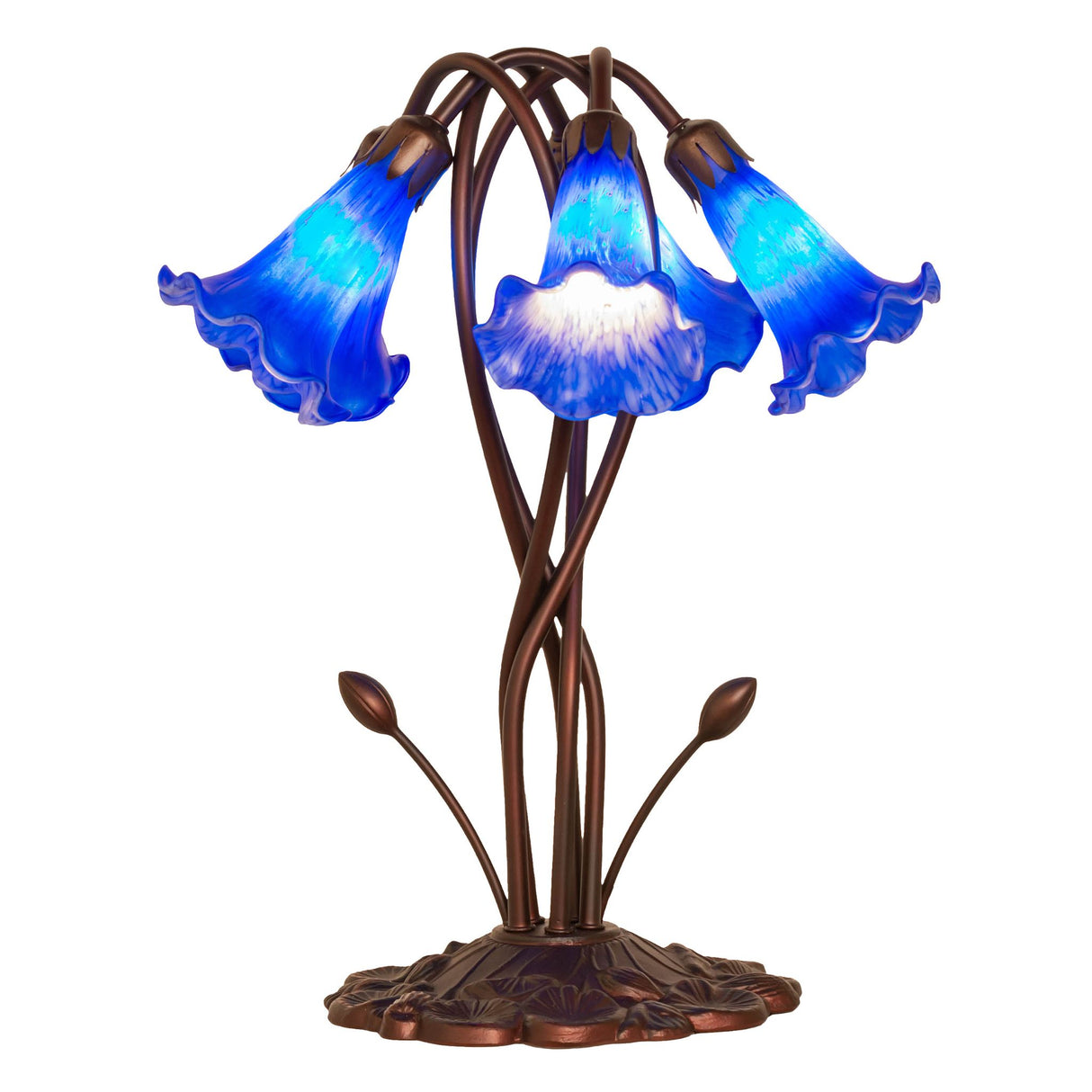 Elegant blue pond lily lamp with five illuminated glass shades.