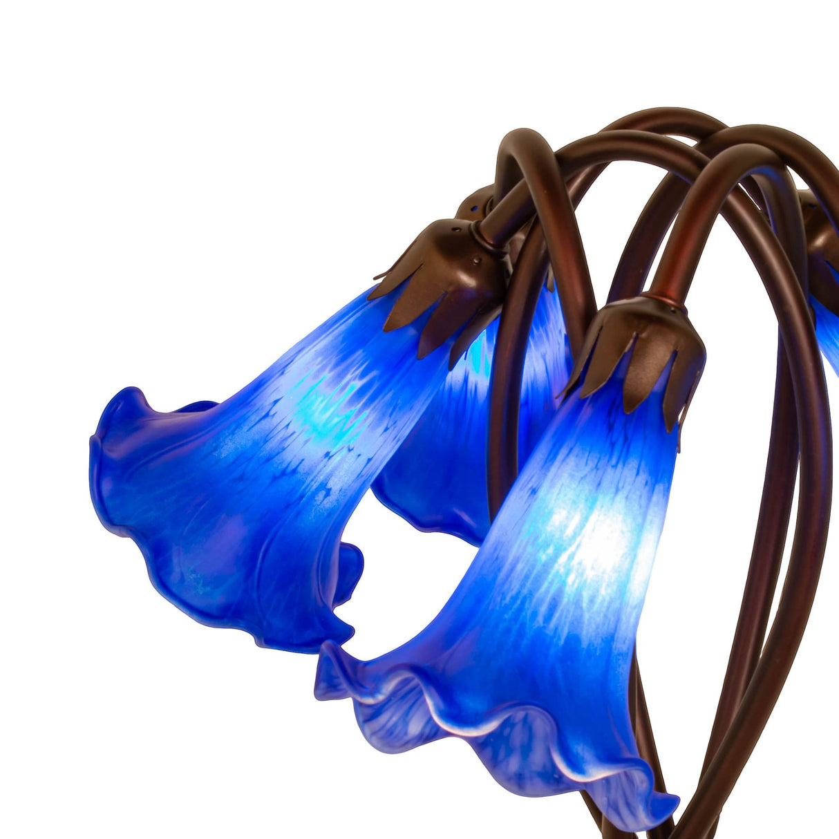 Warm blue glass shades with rich textures glowing vividly.