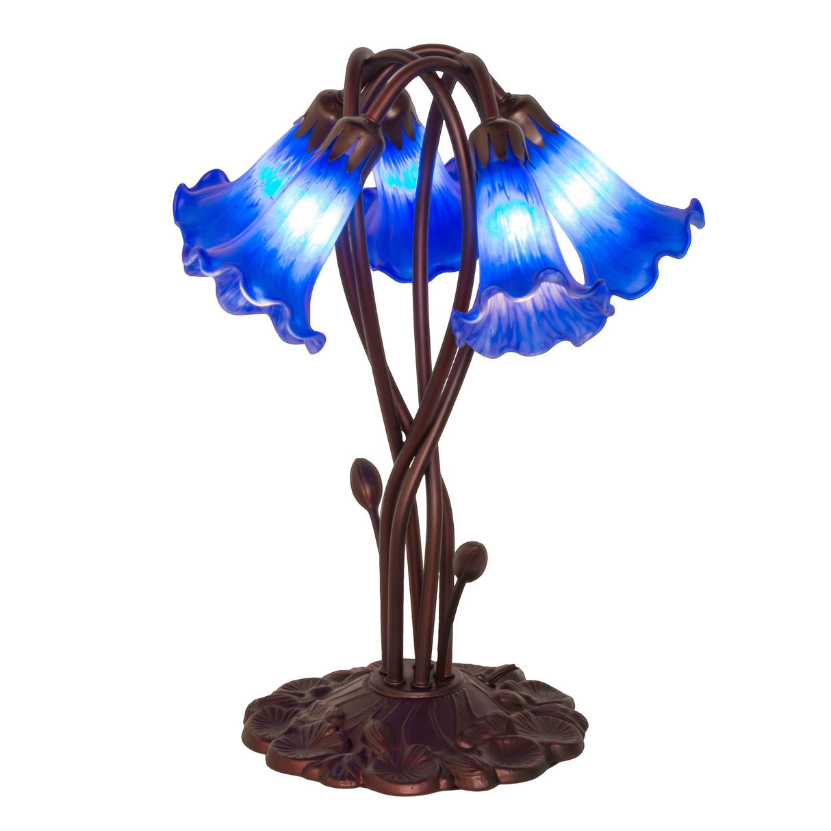 Side view of blue Tiffany pond lily lamp with vibrant glow.