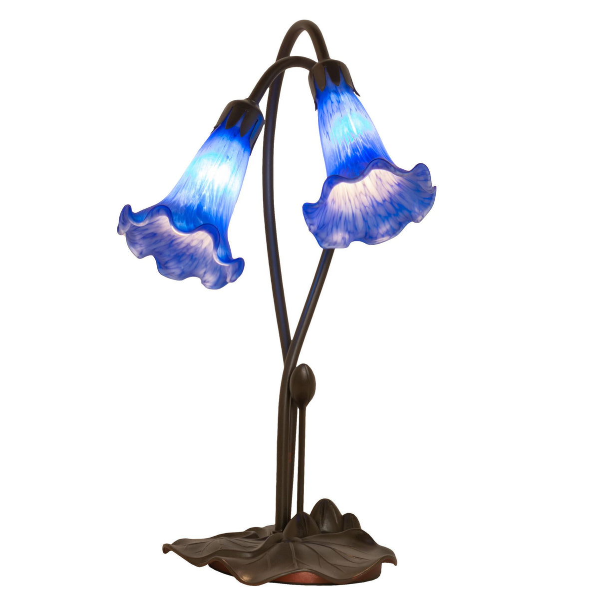 Front view of the Blue Pond Lily accent lamp showcasing its elegant stems and glass shades.
