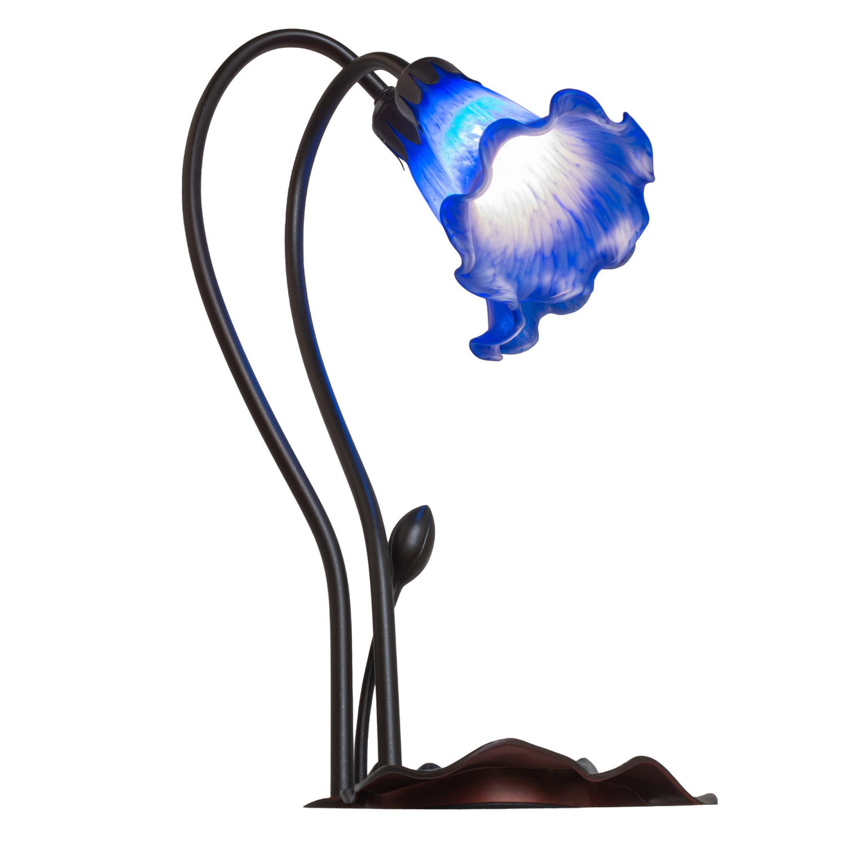 Side view of the Blue Pond Lily accent lamp with graceful winding stems and detailed shades.
