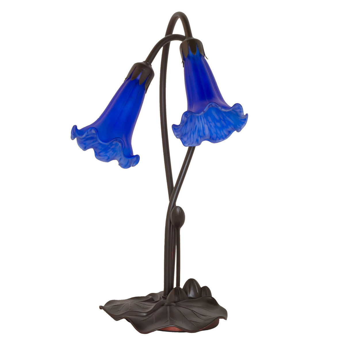 Unlit view of the Blue Pond Lily accent lamp showing the mottled lavender glass shades.
