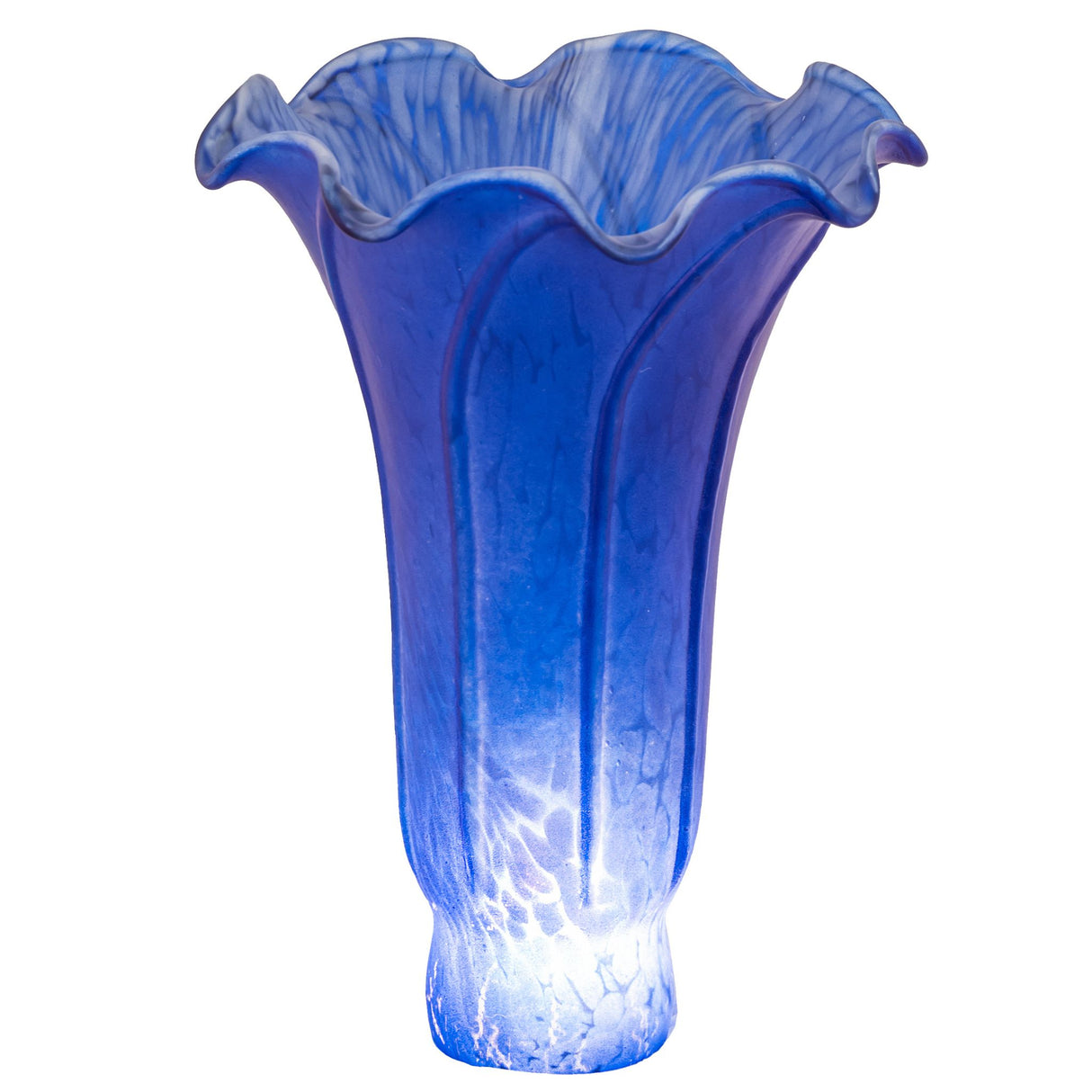 Mottled blue pond lily glass shade illuminated.