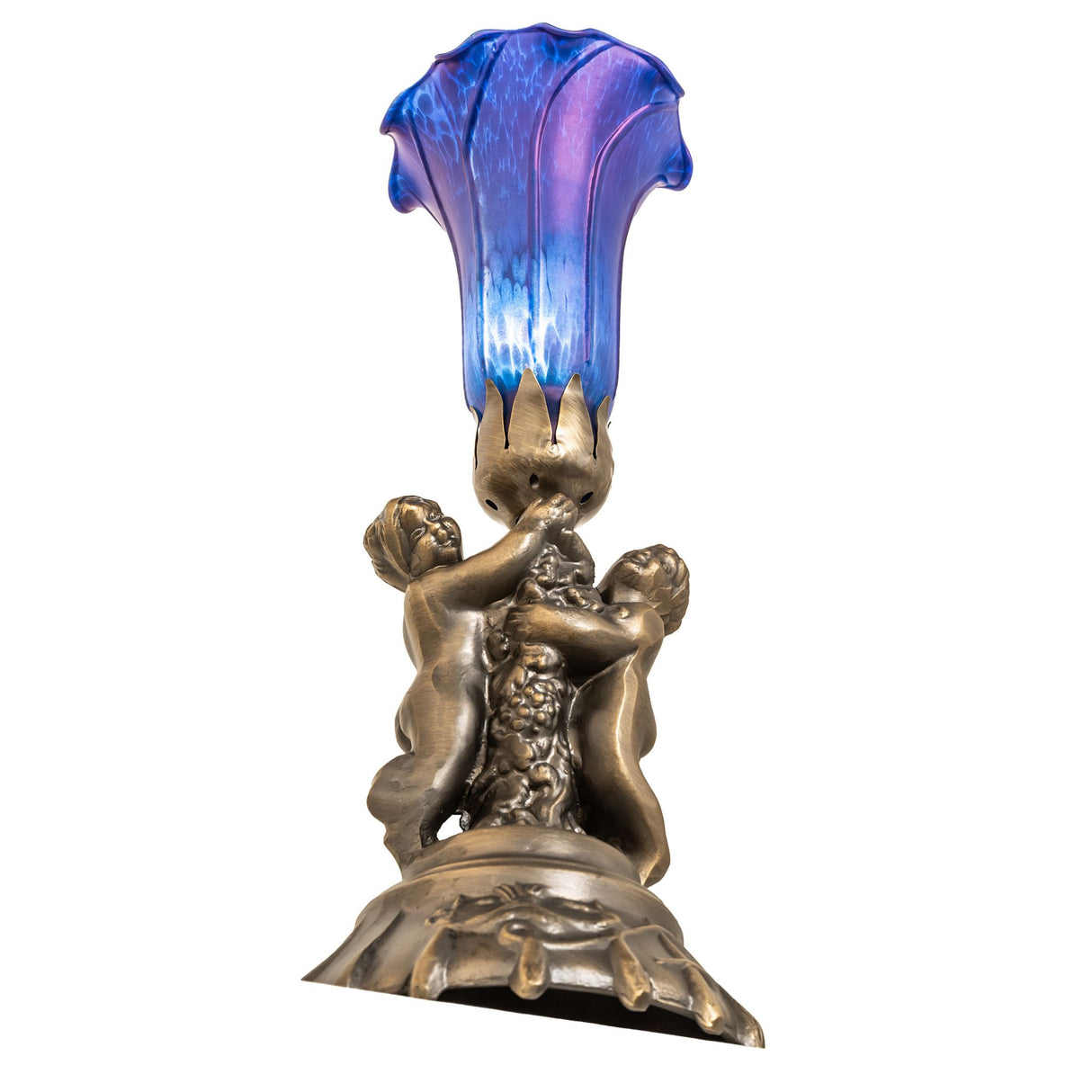 Blue Pond Lily Twin Cherub Accent Lamp from bottom angle.