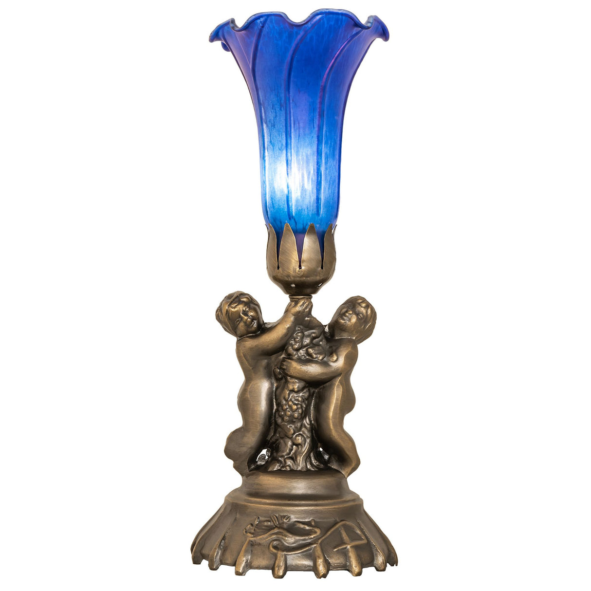 Front view of Blue Pond Lily twin cherub accent lamp.