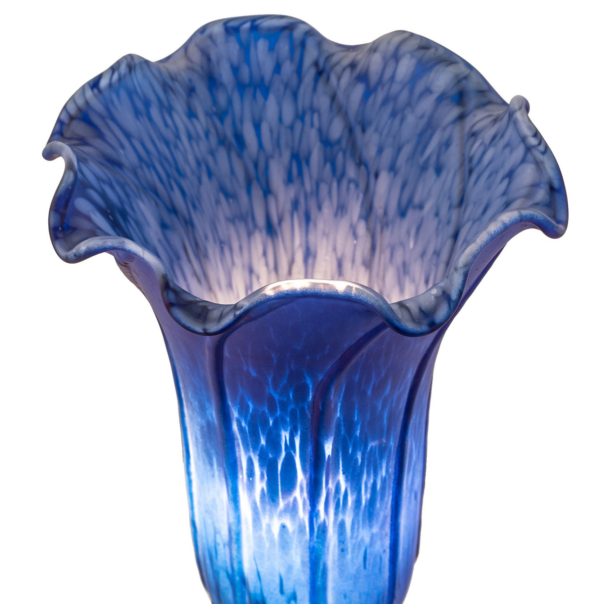Close-up view of blue art glass lily shade with ruffled edge.