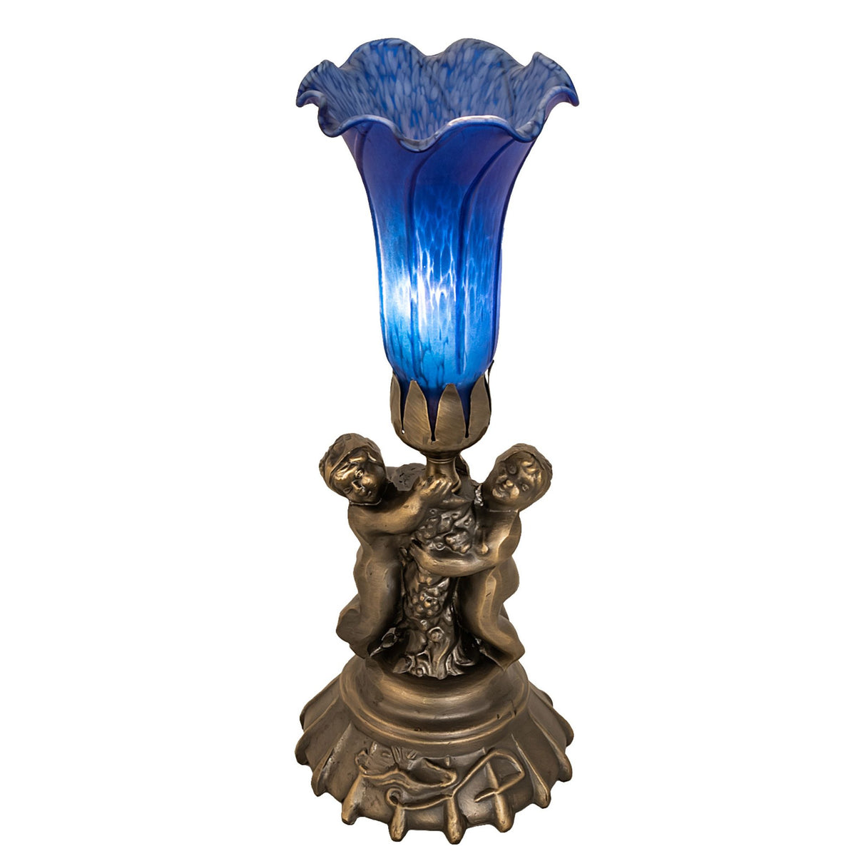 Lit view of blue Pond Lily Twin Cherub Accent Lamp.